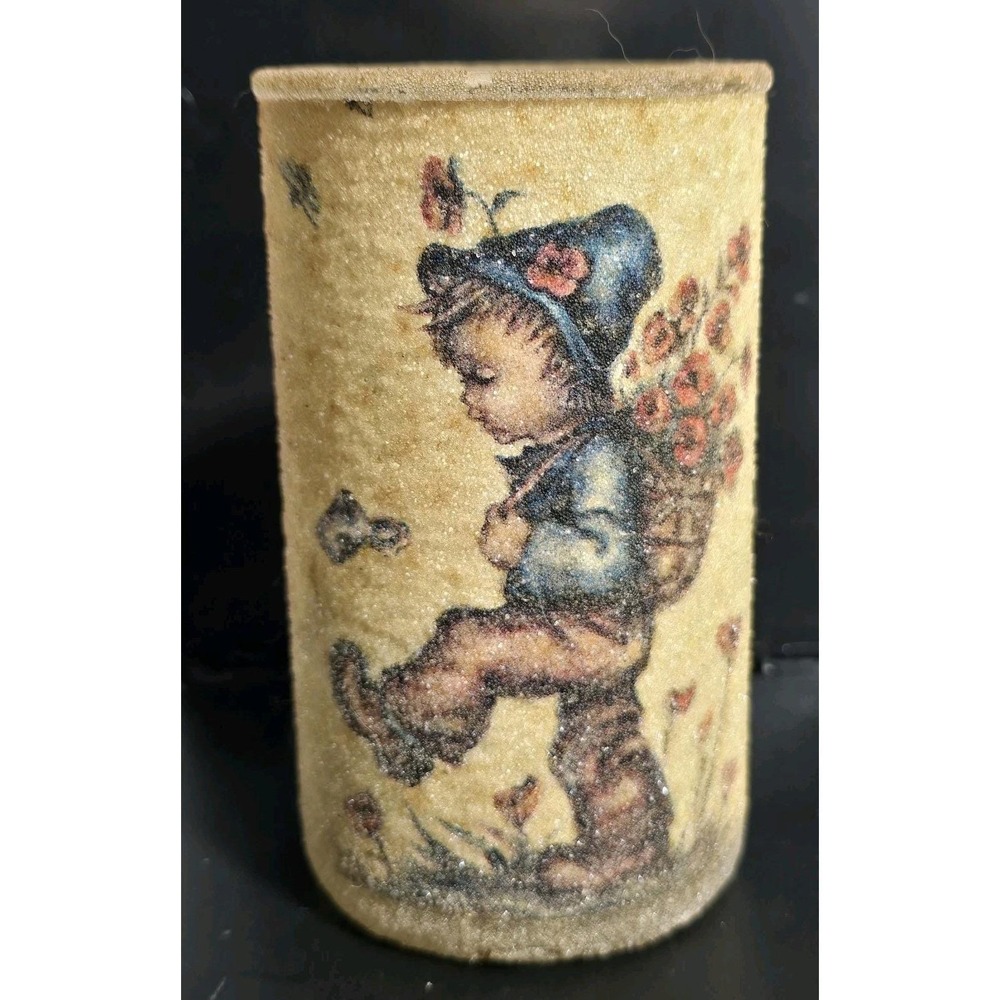 Vintage Sugar Frosted 5" Glass Candle Pillar Hummel Boy With Basket Of Flowers.